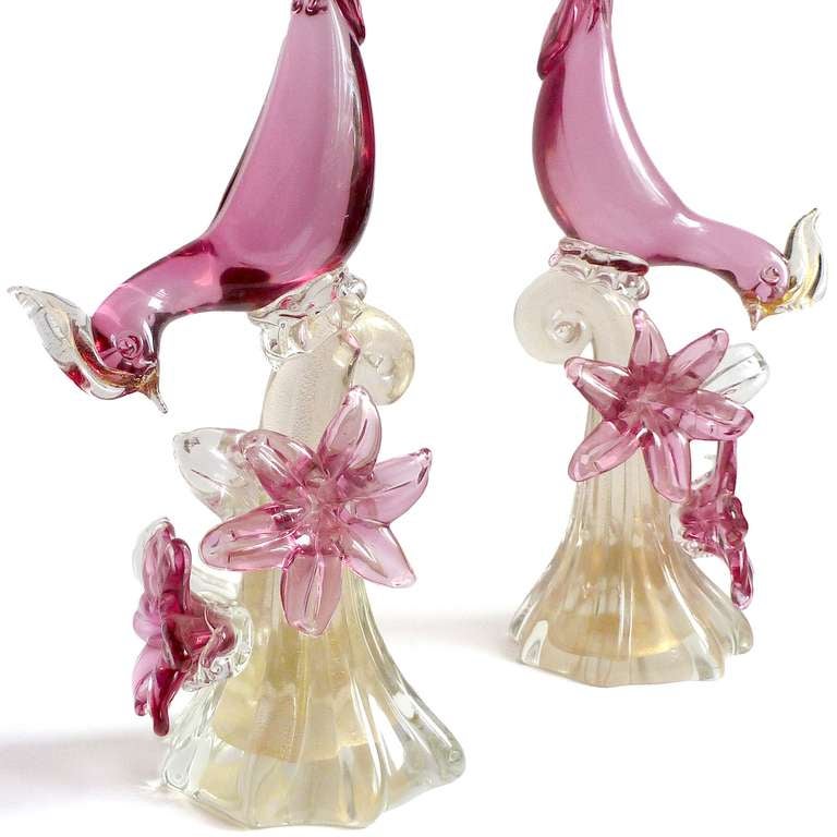 Mid-Century Modern Barbini Murano Pink Birds Of Paradise Italian Art Glass Pheasant Sculptures