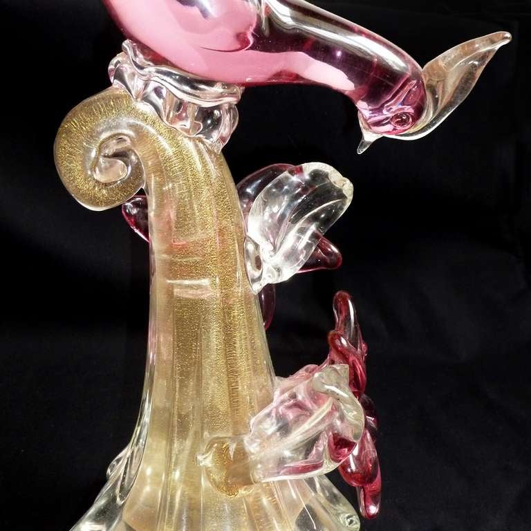 Barbini Murano Pink Birds Of Paradise Italian Art Glass Pheasant Sculptures In Excellent Condition In Kissimmee, FL