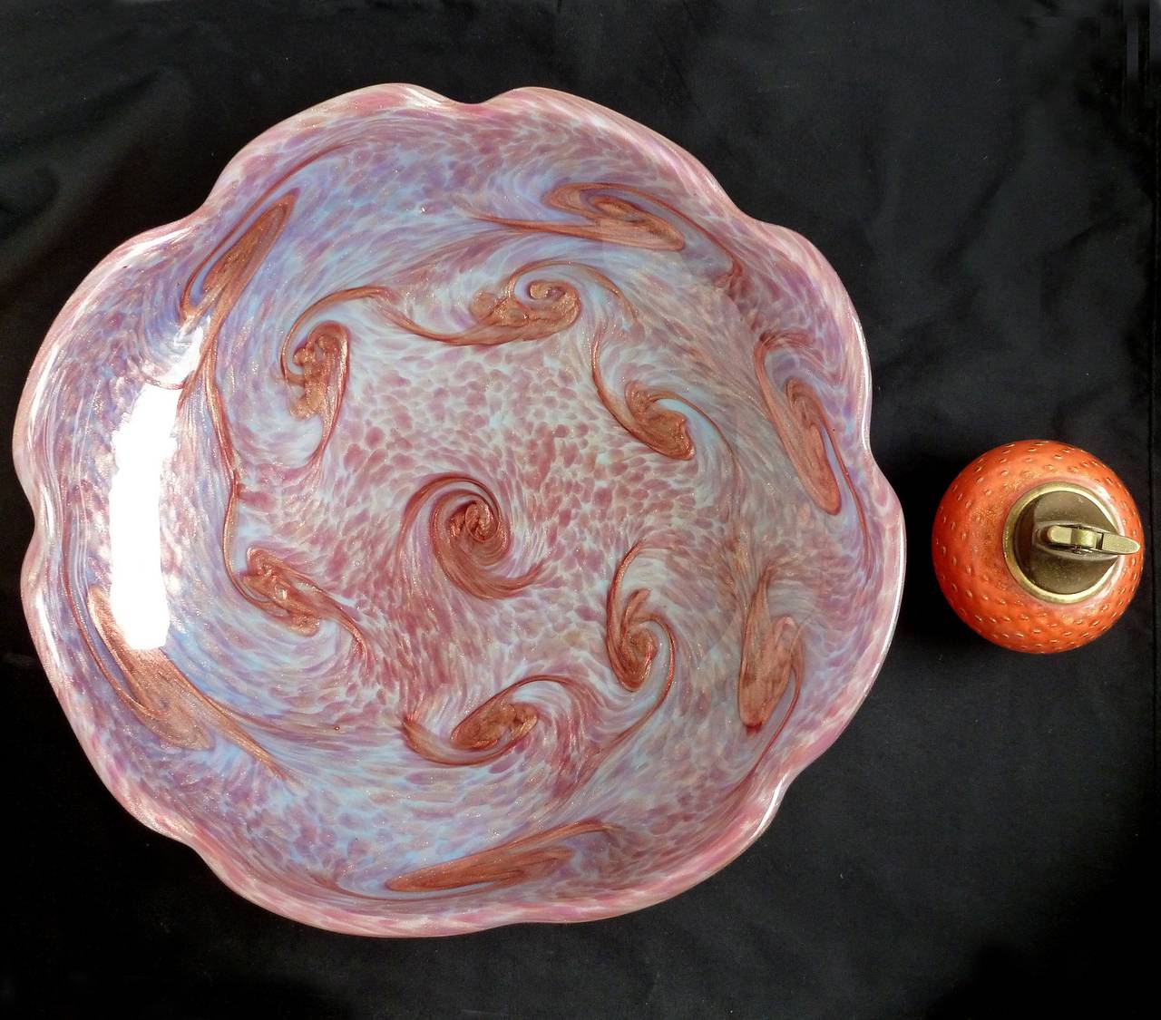 Mid-Century Modern Fratelli Toso Murano Opal, Pink, Aventurine Swirl Italian Art Glass Center Bowl