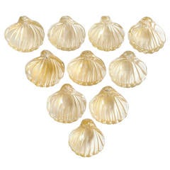 Murano Gold Leaf Set of Ten Italian Art Glass Seashell Salt Cellars Dishes