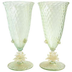 Matching Murano Gold Flecks Green Diamond Quilted Italian Art Glass Vases 