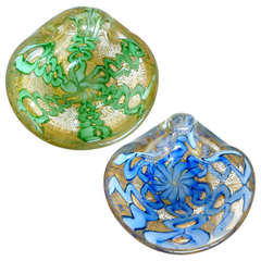 Ercole Barovier Toso Murano Gold Flecks Chain Link Italian Art Glass Bowls