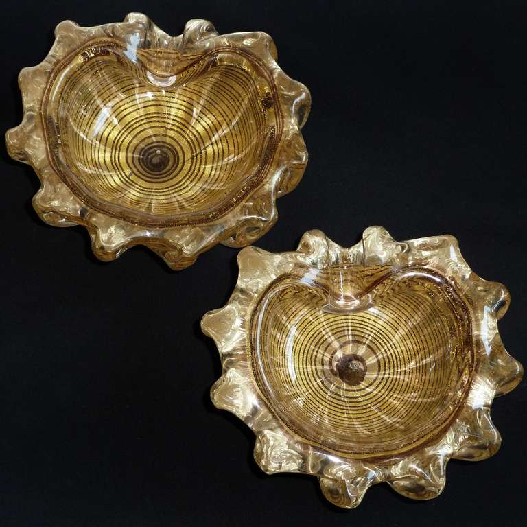 Ercole Barovier Toso Murano Gold Flecks Purple Stripe Italian Art Glass Bowls 1