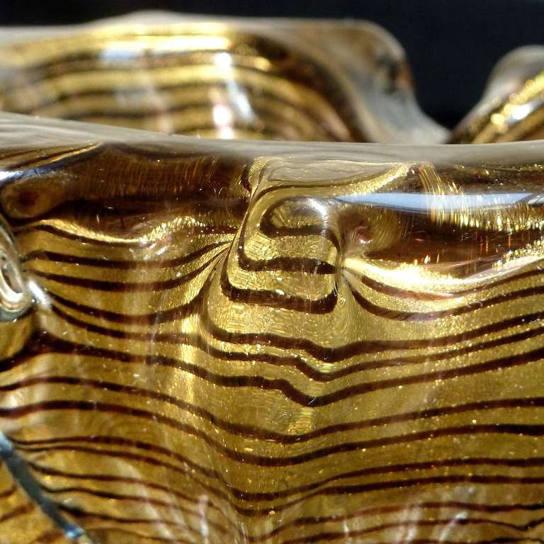Ercole Barovier Toso Murano Gold Flecks Purple Stripe Italian Art Glass Bowls 2