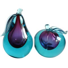 Barbini Murano Purple Blue Sommerso Italian Art Glass Bookend Fruit Sculptures