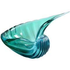 Barbini Murano Sommerso Blue Green Italian Art Glass Conch Shell Bowl Sculpture