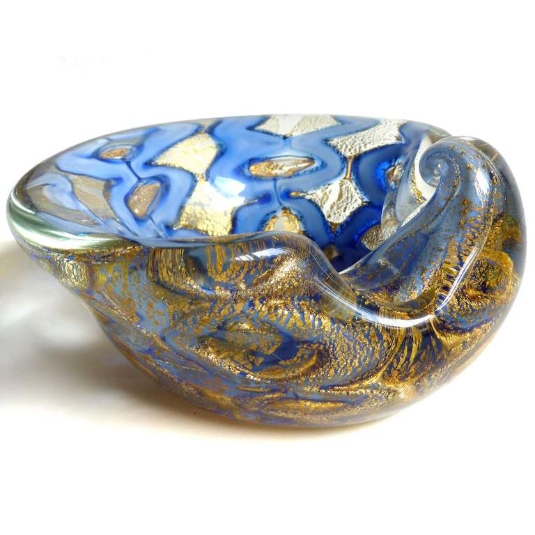 Hand-Crafted Ercole Barovier Toso Murano Gold Flecks Chain Link Italian Art Glass Bowls