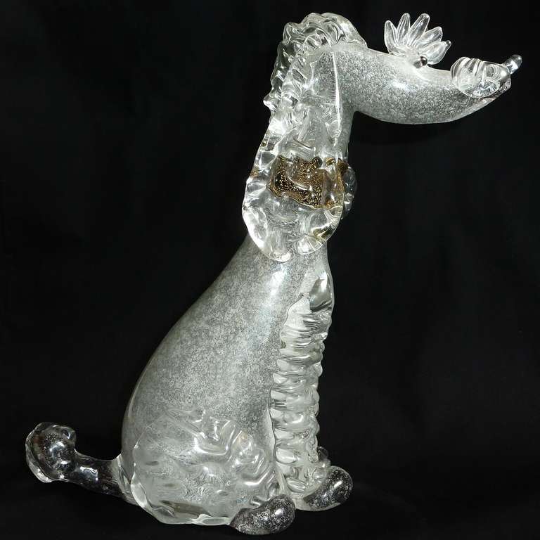 Hand-Crafted Alfredo Barbini Murano Gray Black Gold Fleck Italian Art Glass Poodle Dog Figure