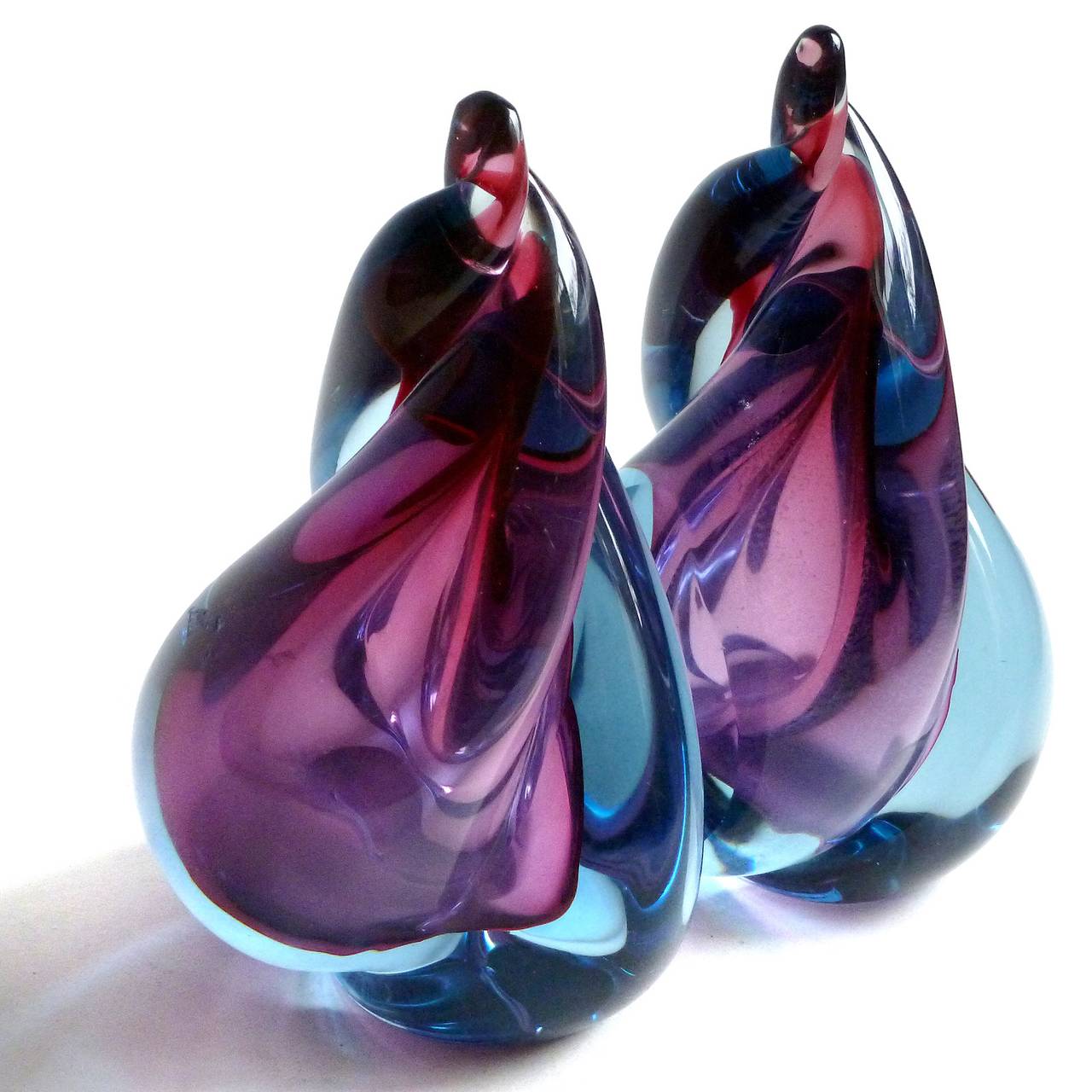 Mid-Century Modern Alfredo Barbini Murano Sommerso Purple Blue Flame Italian Art Glass Bookends