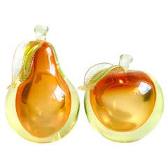 Vintage Alfredo Barbini Murano Sommerso Yellow Orange Italian Art Glass Fruit Bookends