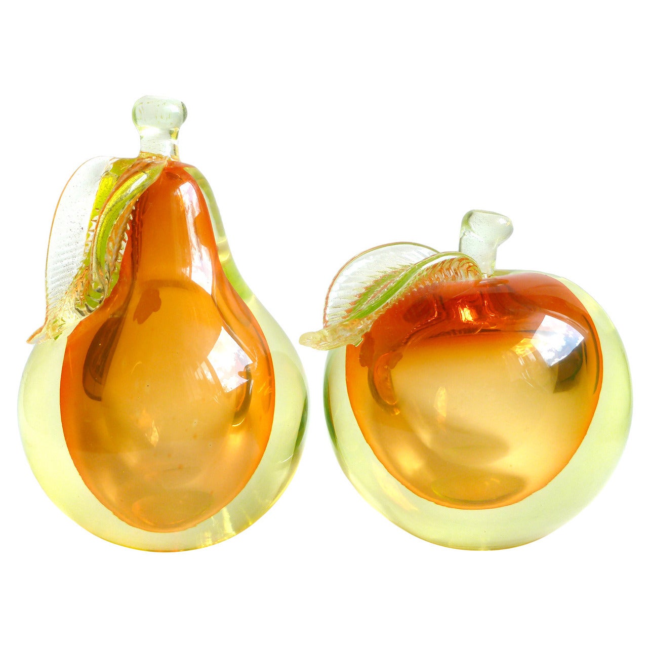 Alfredo Barbini Murano Sommerso Yellow Orange Italian Art Glass Fruit Bookends