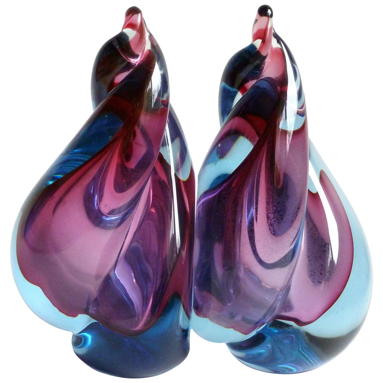 Alfredo Barbini Murano Sommerso Purple Blue Flame Italian Art Glass Bookends