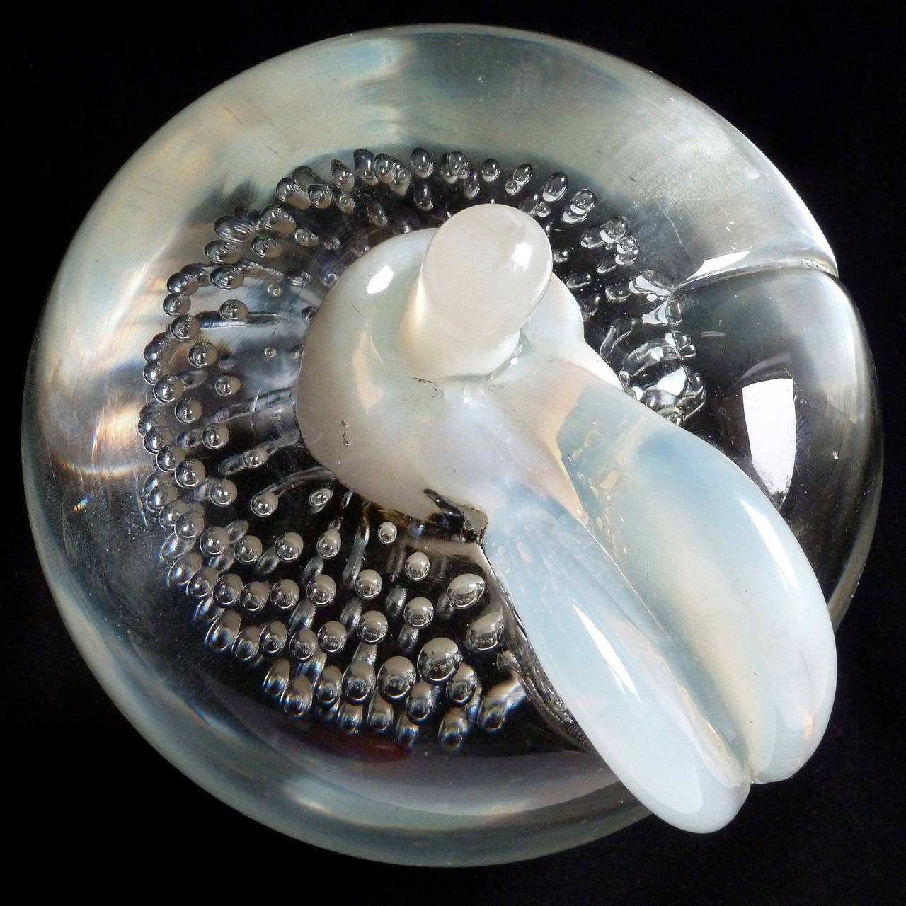 Mid-Century Modern Salviati Murano Opalescent White Bubbles Italian Art Glass Pear Apple Sculptures