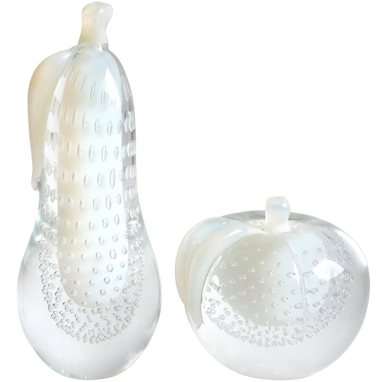 Salviati Murano Opalescent White Bubbles Italian Art Glass Pear Apple Sculptures