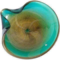 Archimede Seguso Murano Green Gold Flecks Italian Art Glass Centerpiece Bowl