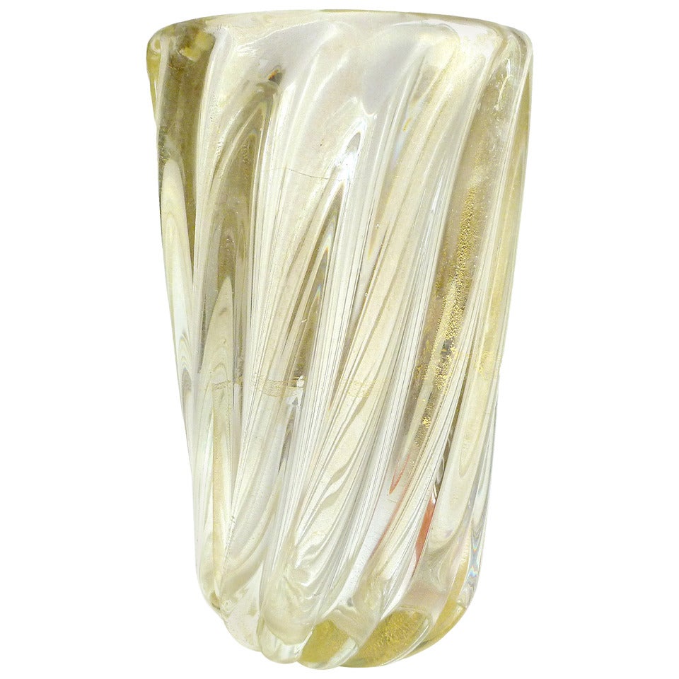 Archimede Seguso Murano Gold Flecks Ribbed Italian Art Glass Flower Vase