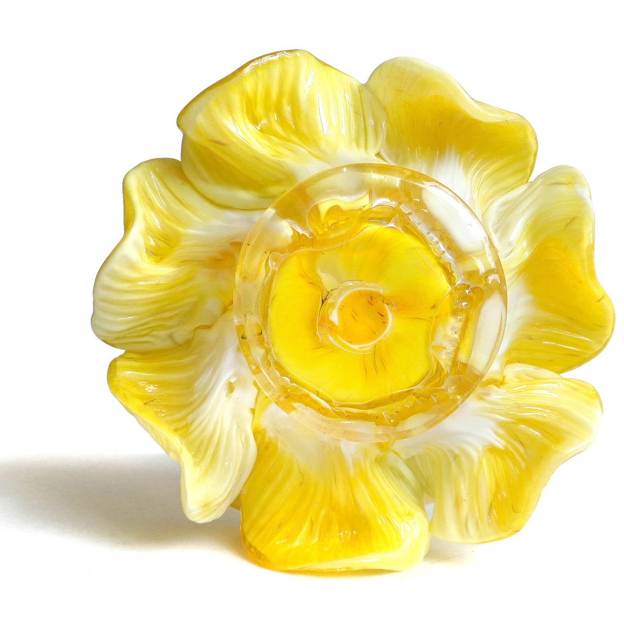 Mid-Century Modern Murano Yellow White Mottled Double Petal Italian Art Glass Flower Bowls