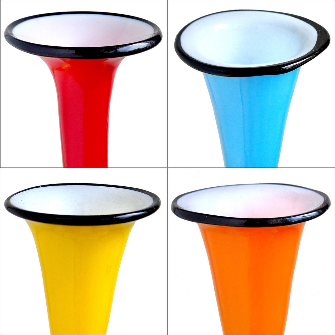 Free shipping worldwide! See details below description.

Cool and bright set of Murano handblown cased red, blue, yellow and orange over white art glass flower vases. Documented to the Fratelli Toso Company, circa 1930s-1940s. Each has a black rim