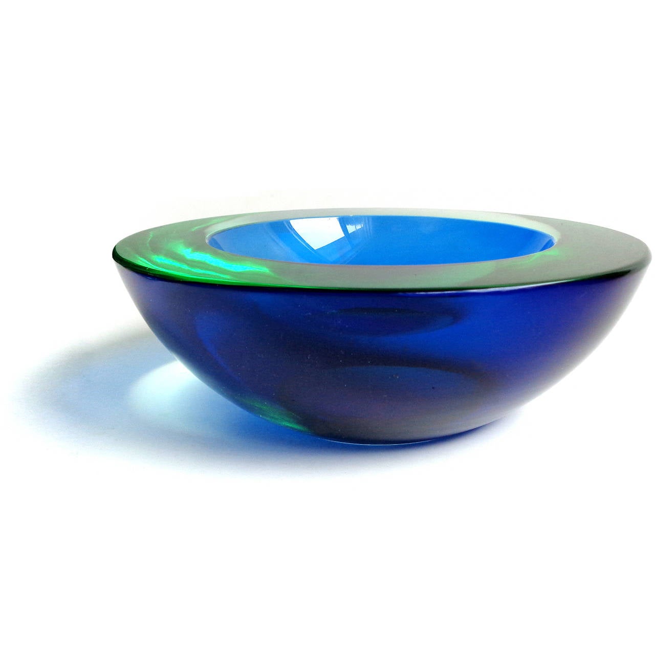 Mid-Century Modern Murano Cobalt Blue Green Sommerso Round Italian Art Glass Decorative Bowl