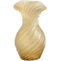 Seguso Murano Deco Gold Flecks Ribbed Pulegoso Fan Rim Italian Art Glass Vase