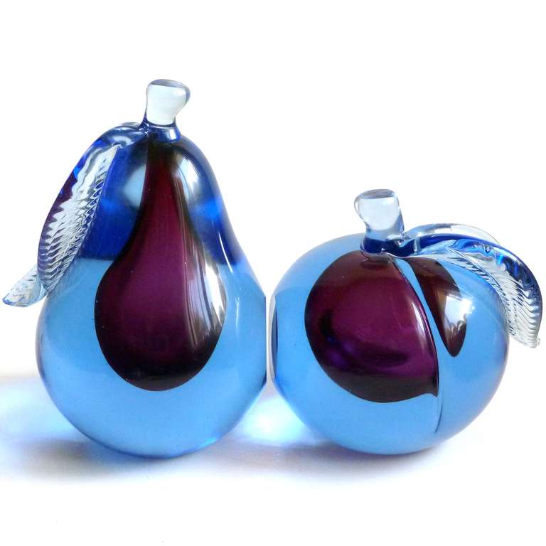 Mid-Century Modern Alfredo Barbini Murano Sommerso Purple Blue Italian Art Glass Fruit Bookends