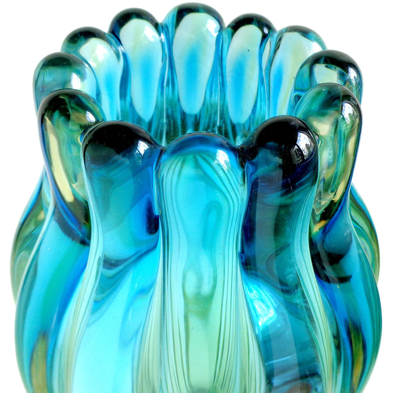 Gorgeous Murano hand blown blue and yellow Sommerso Italian art glass ribbed flower vase. Documented to designer Alfredo Barbini. Worn label is still attached. Very thick piece with beautiful shape. 
