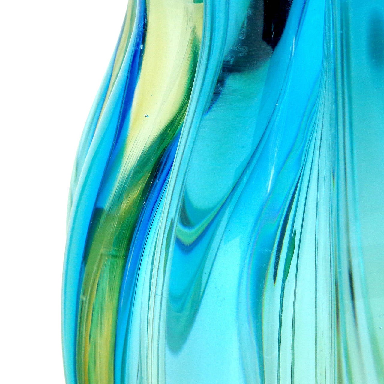 Mid-Century Modern Alfredo Barbini Murano Sommerso Blue Yellow Ribbed Italian Art Glass Vase