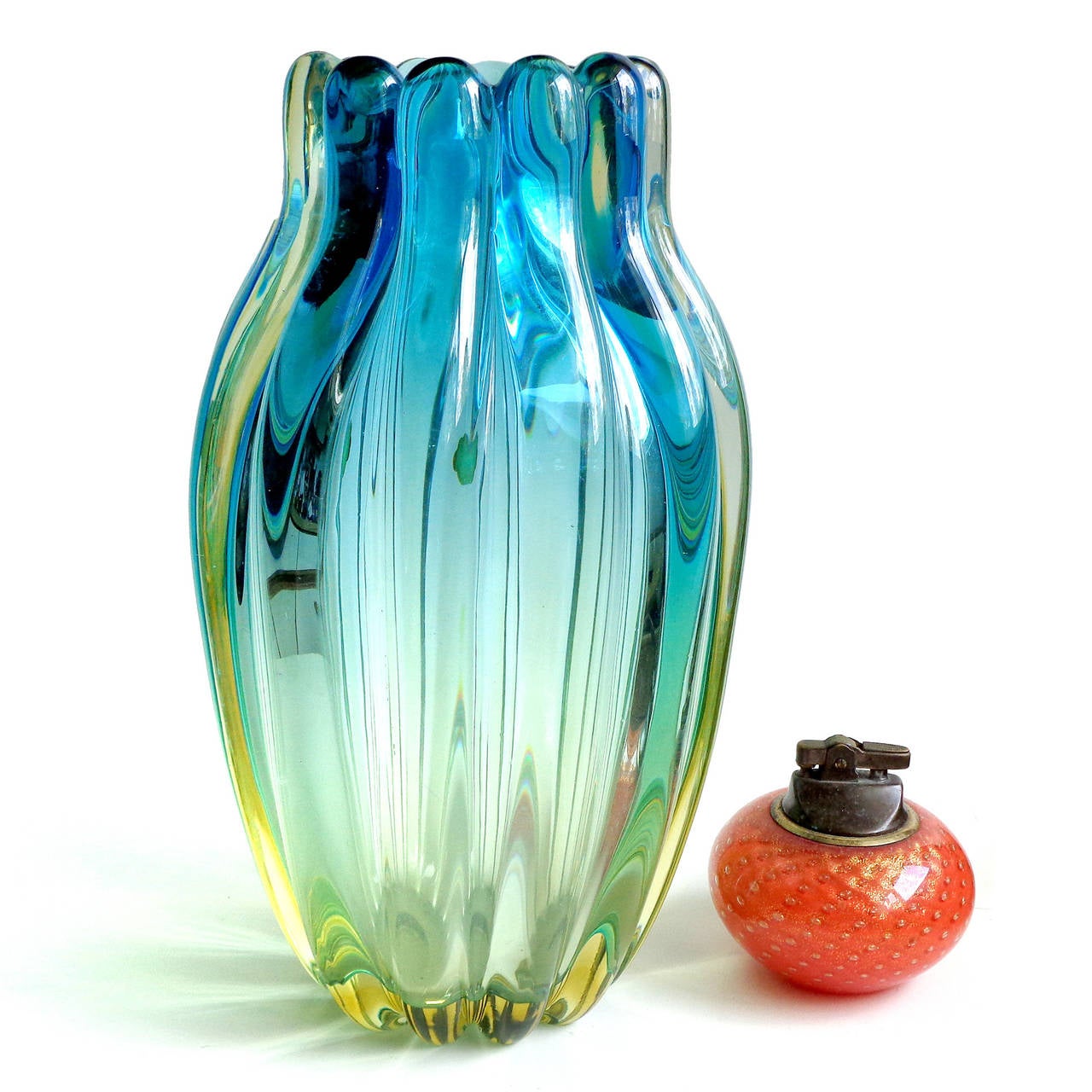 20th Century Alfredo Barbini Murano Sommerso Blue Yellow Ribbed Italian Art Glass Vase