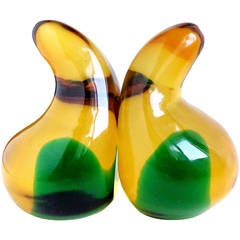Murano Sommerso Yellow Orange Green Blob Italian Art Glass Bookends 1