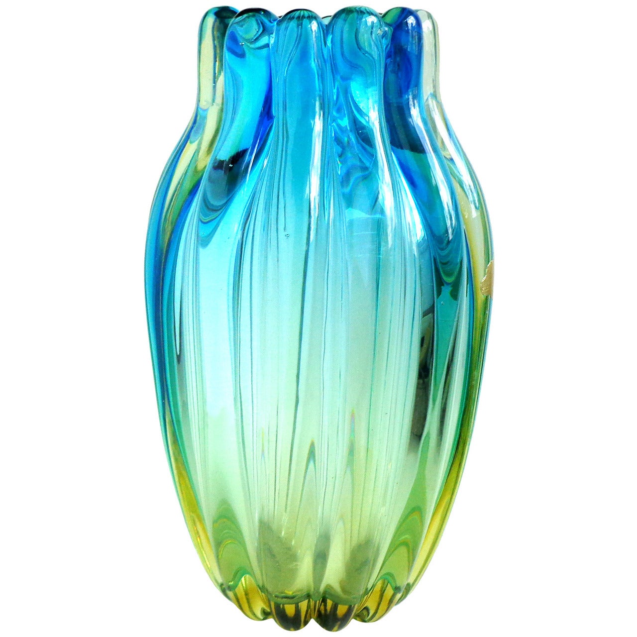 Alfredo Barbini Murano Sommerso Blue Yellow Ribbed Italian Art Glass Vase