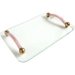 Murano Twisted Rope with Pink and Gold Handles, Italian Art Glass Tray