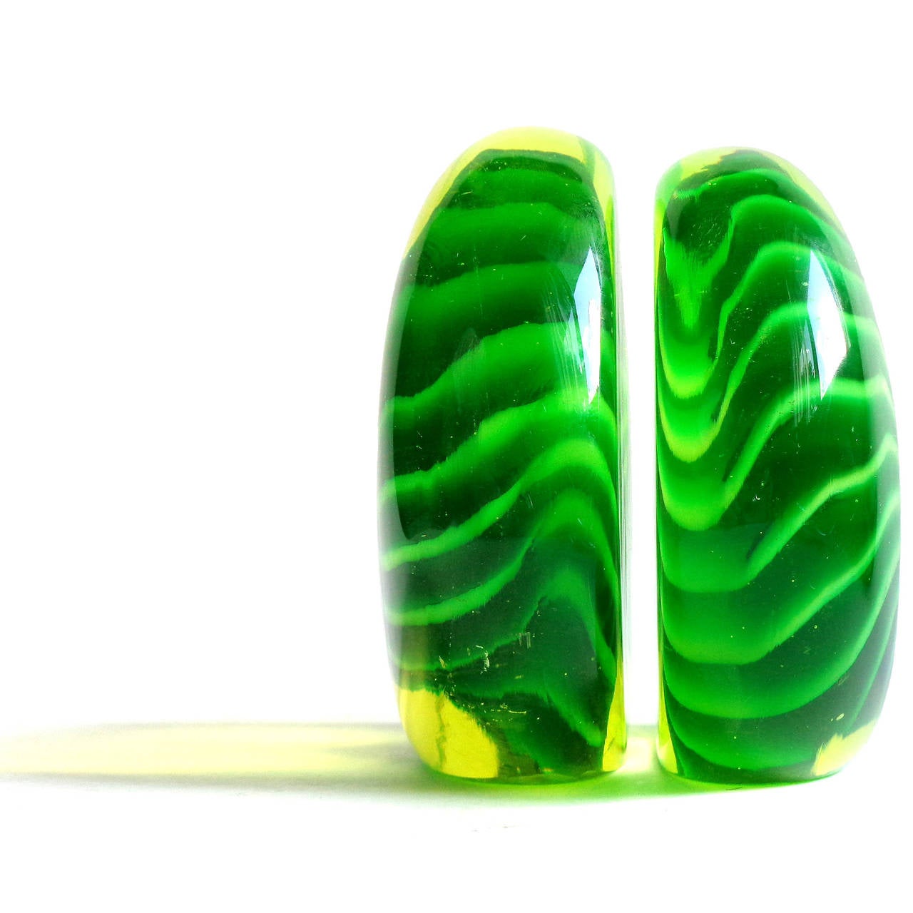 Mid-Century Modern Galliano Ferro Murano Vaseline Green Swirl Design Italian Art Glass Bookends
