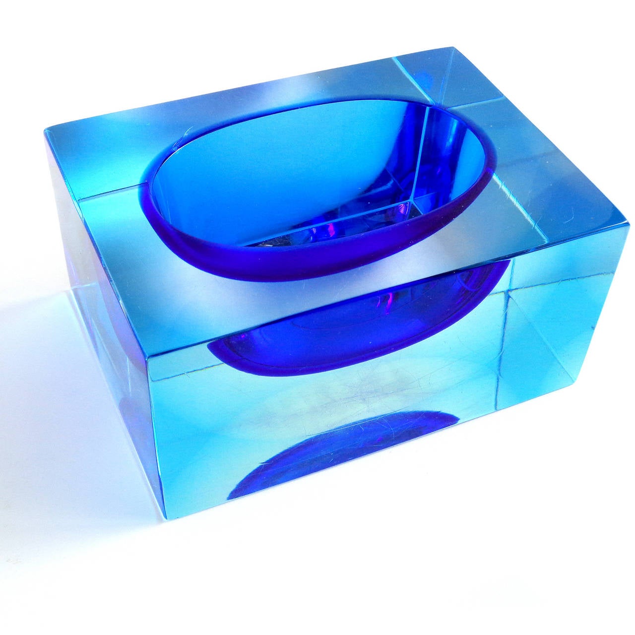 Mid-Century Modern Murano Sommerso Cobalt and Light Blue Italian Rectangular Block Art Glass Bowl