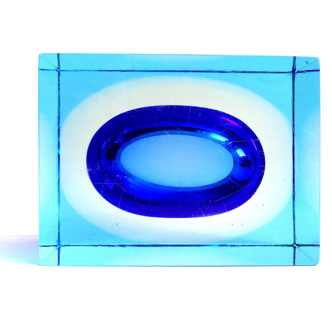 20th Century Murano Sommerso Cobalt and Light Blue Italian Rectangular Block Art Glass Bowl