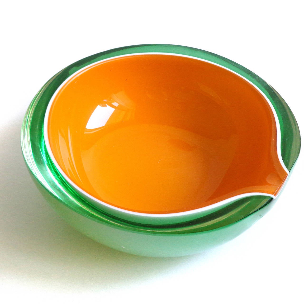Mid-Century Modern Fratelli Toso Murano Orange, Green, and White Italian Art Glass Melon Bowl