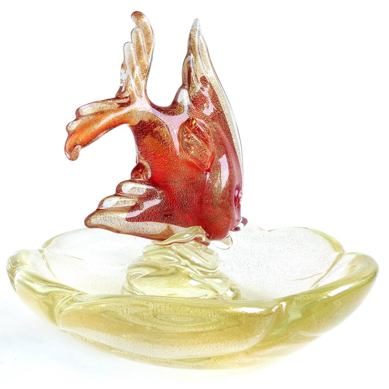 Free shipping worldwide! See details below description.

Incredible Murano handblown gold flecked art glass fish on bowl. Documented to designer Archimede Seguso. The fish figure is very well detailed, as you can see from its face and fins. The