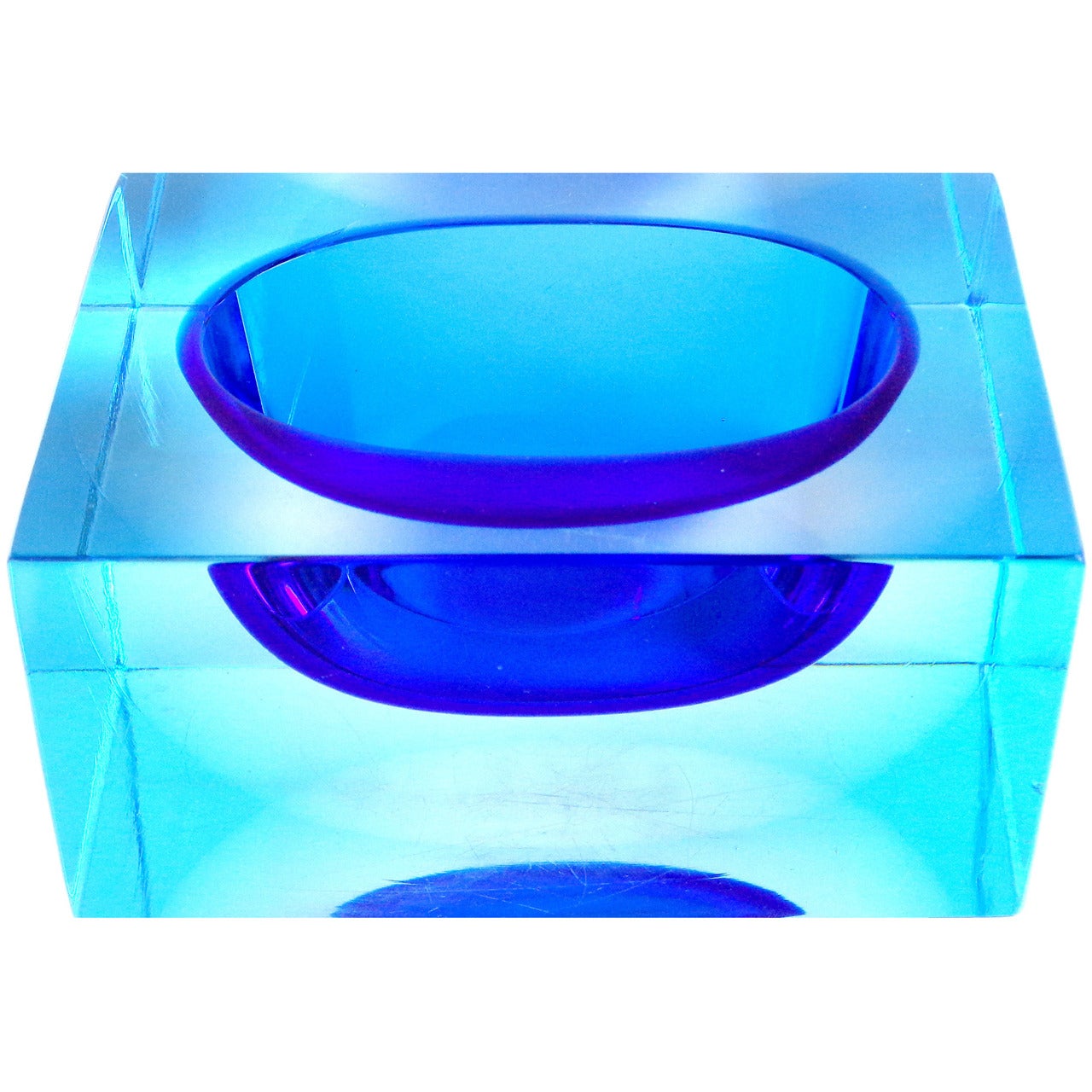 Murano Sommerso Cobalt and Light Blue Italian Rectangular Block Art Glass Bowl
