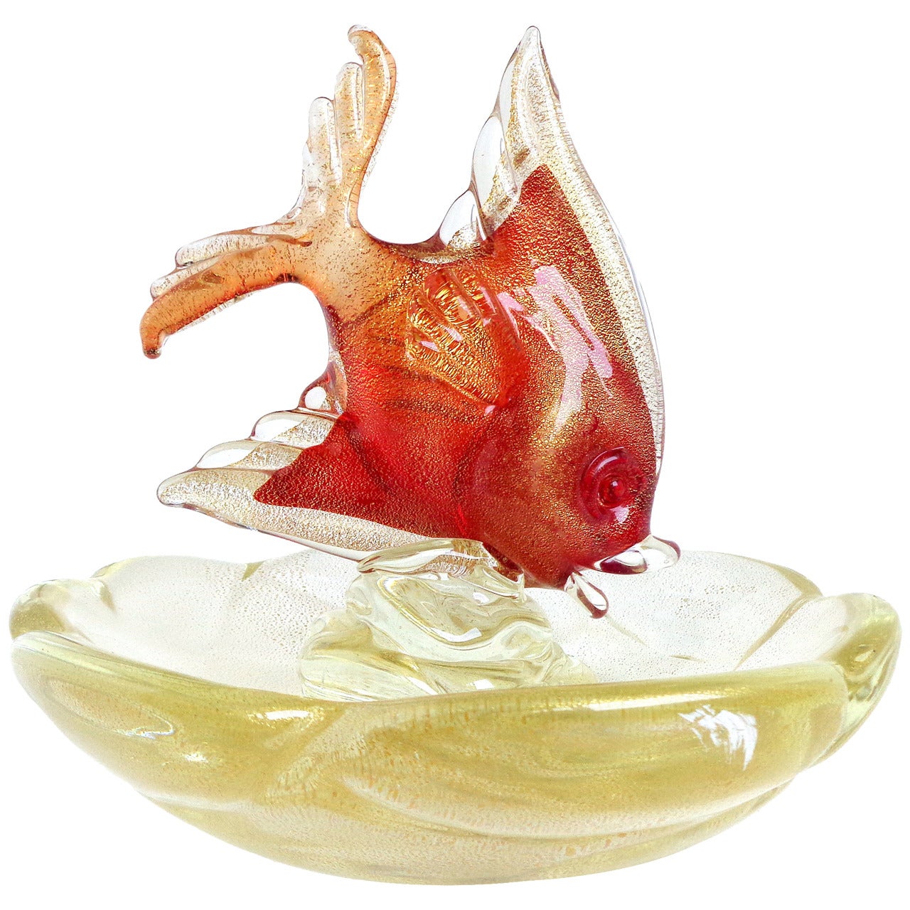 Archimede Seguso Murano Gold Flecks Red Fish Italian Art Glass Bowl