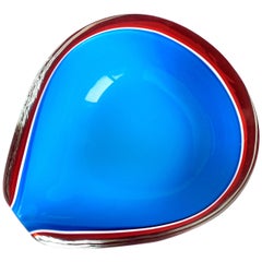 Fratelli Toso Murano Red, White and Blue Italian Art Glass Half Pear Bowl