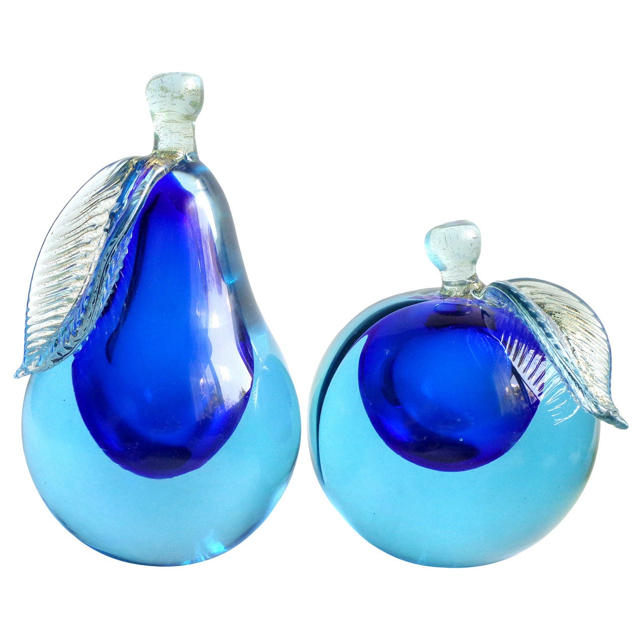 Alfredo Barbini Murano Sommerso Cobalt Blue Italian Art Glass Fruit Bookends