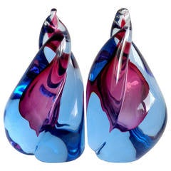 Alfredo Barbini Murano Sommerso Purple and Blue Flame Art Glass Bookends 9