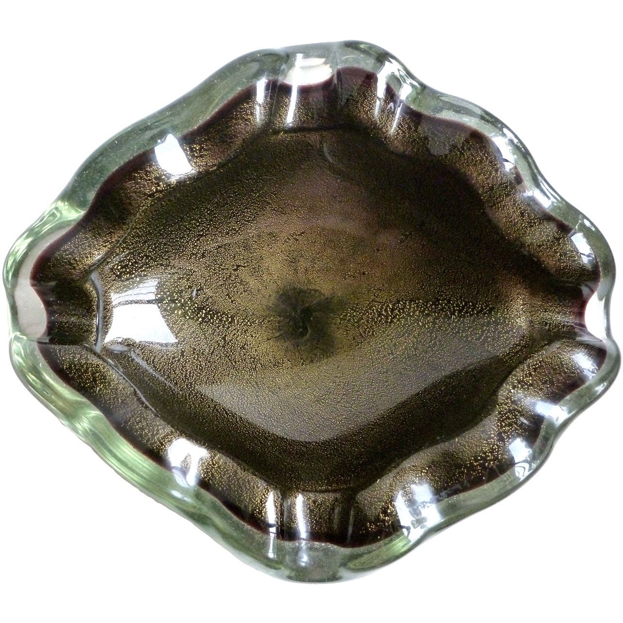 Archimede Seguso Murano Gold Flecks Black Pulegoso Italian Art Glass Bowl