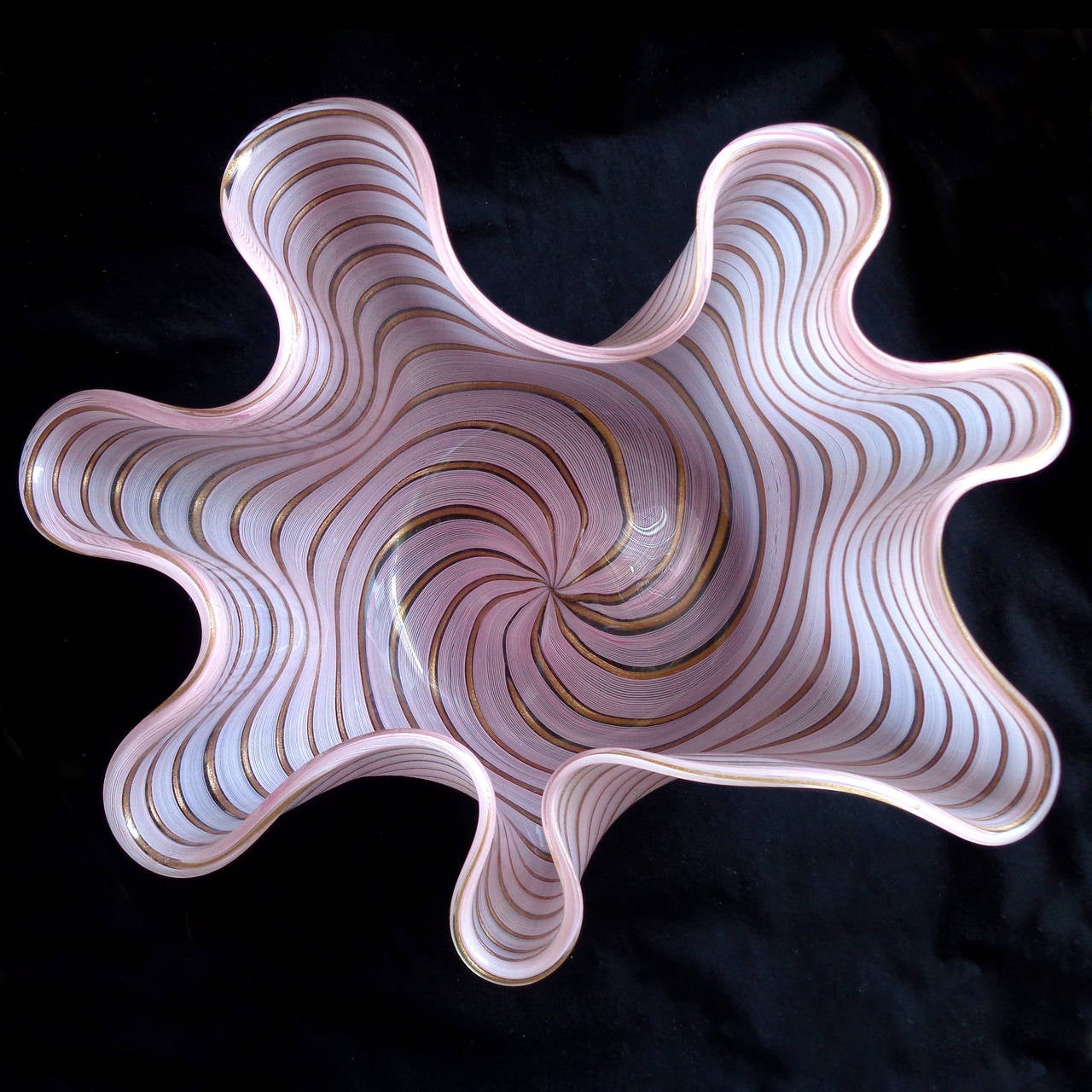 Hand-Crafted Dino Martens Murano Pink Aventurine Ribbons Italian Art Glass Fazzoletto Vase