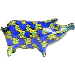 Vintage Fratelli Toso Murano Yellow and Blue Millefiori Flower Mosaic Italian Glass Pig