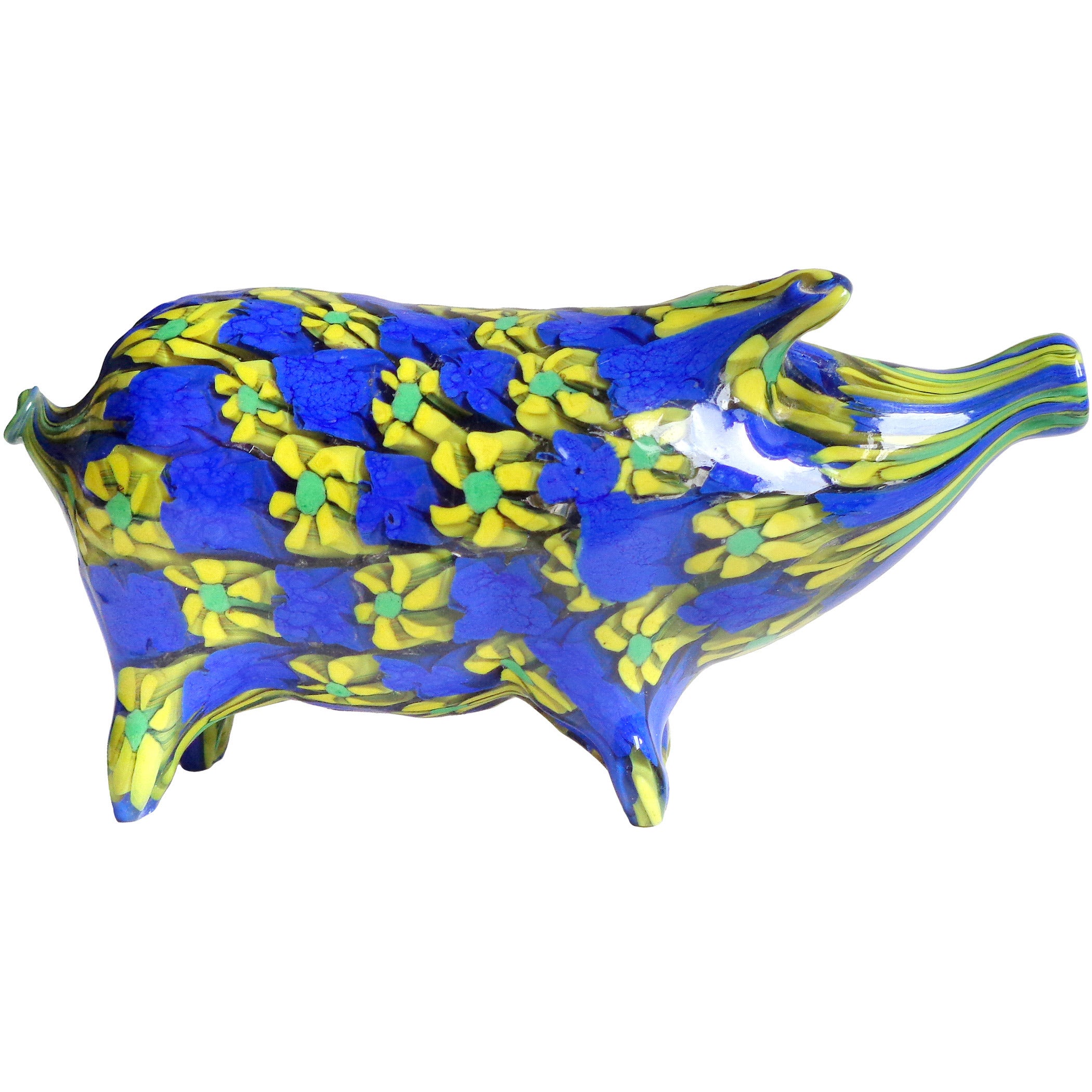 Fratelli Toso Murano Yellow and Blue Millefiori Flower Mosaic Italian Glass Pig