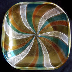 Murano Gold Flecks, Ribbons, Pinwheel Stripe Italian Art Glass Decorative Bowl