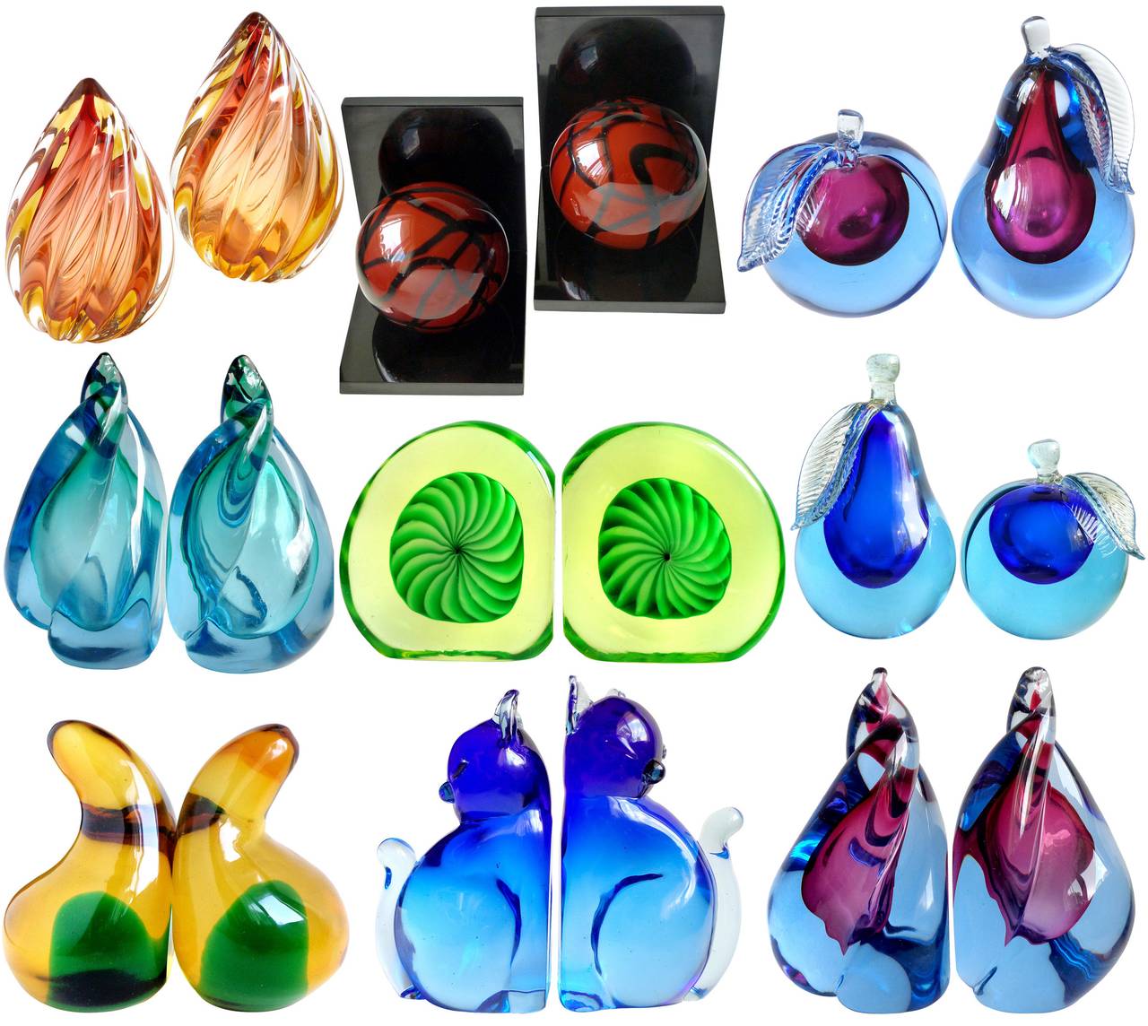 20th Century Galliano Ferro Murano Vaseline Green Swirl Design Italian Art Glass Bookends