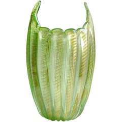 Ercole Barovier Murano Gold Flecks Green Scalloped Rim Italian Art Glass Vase