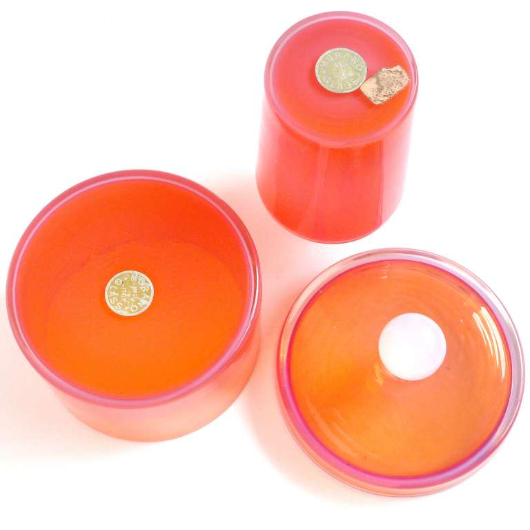 Mid-20th Century Murano, Orange and Pink, Opalescent Italian Art Glass Vases and Powder Box