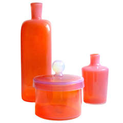 Vintage Murano, Orange and Pink, Opalescent Italian Art Glass Vases and Powder Box